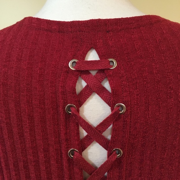 Ribbed Knit Lace Up Back Sweater Top Burgundy - Picture 5 of 5